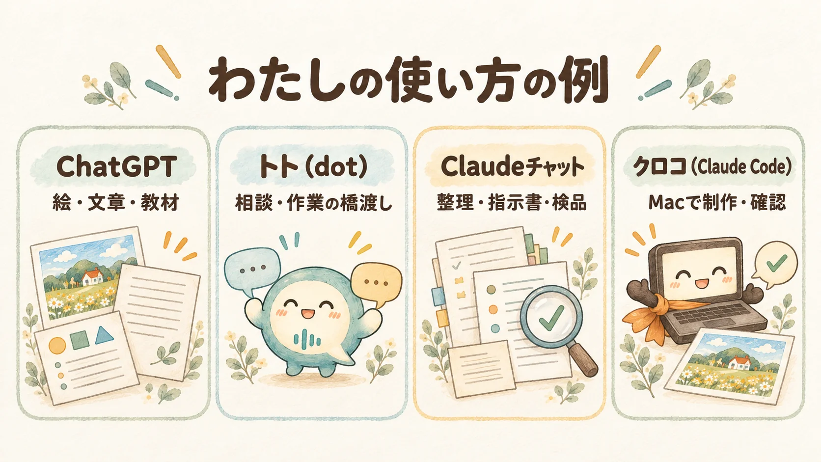 わたしの使い方の例。ChatGPT=絵・文章・教材、トト(dot)=相談・作業の橋渡し、Claudeチャット=整理・指示書・検品、クロコ(Claude Code)=Macで制作・確認