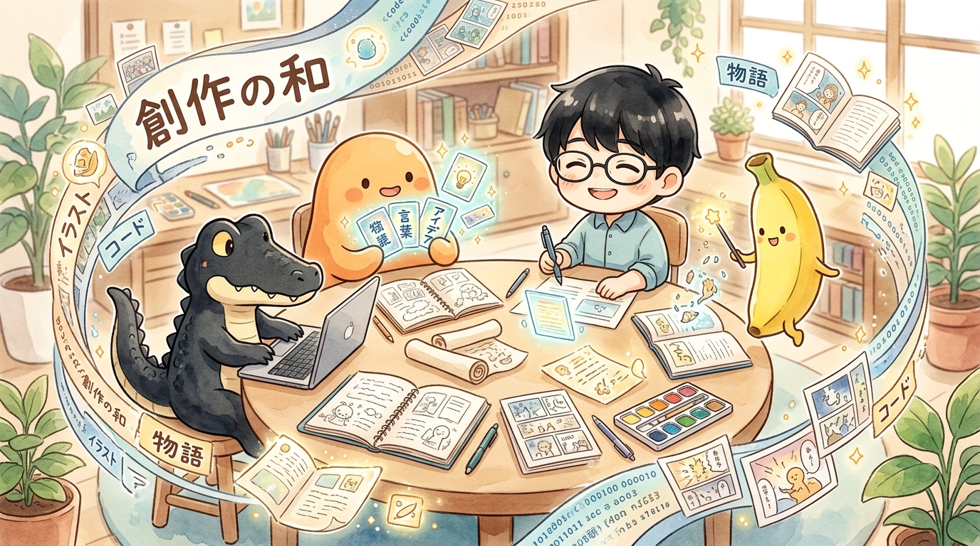 みんなで円卓を囲んで記録を作っているイラスト