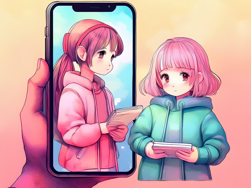 スマホ画面の中。エミリーが後ろ姿でジェスチャーしていて、リーがメモ帳を見ている。