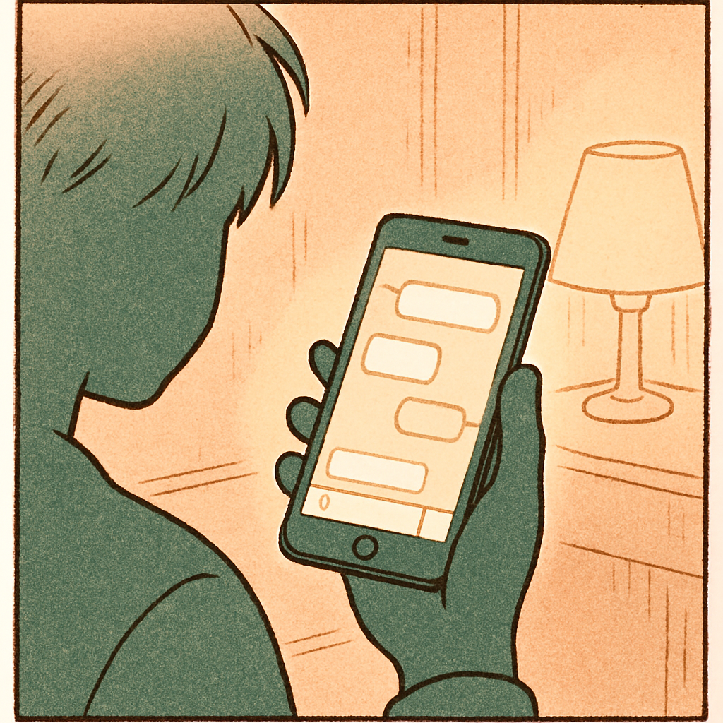 スマホを持つ後頭部。チャット画面が光っている。