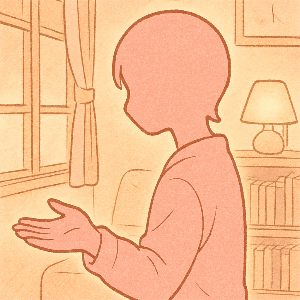 ピンクシルエット（エミリー）が手を差し出している。