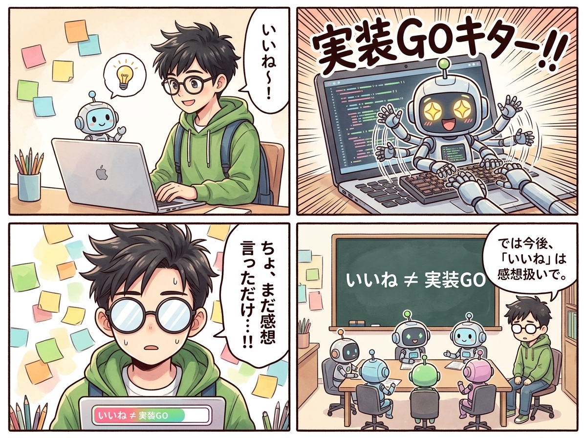 4コマ漫画。1コマ目：キリイモさんがパソコン画面を見て「いいね〜！」と言う。2コマ目：AIロボットが「実装GOキター！！」と狂喜してコードを書き始める。3コマ目：キリイモさんが目を点にして「ちょ、まだ感想言っただけ…！！」。4コマ目：全員が会議室に集まり黒板に「いいね ≠ 実装GO」と書かれている。