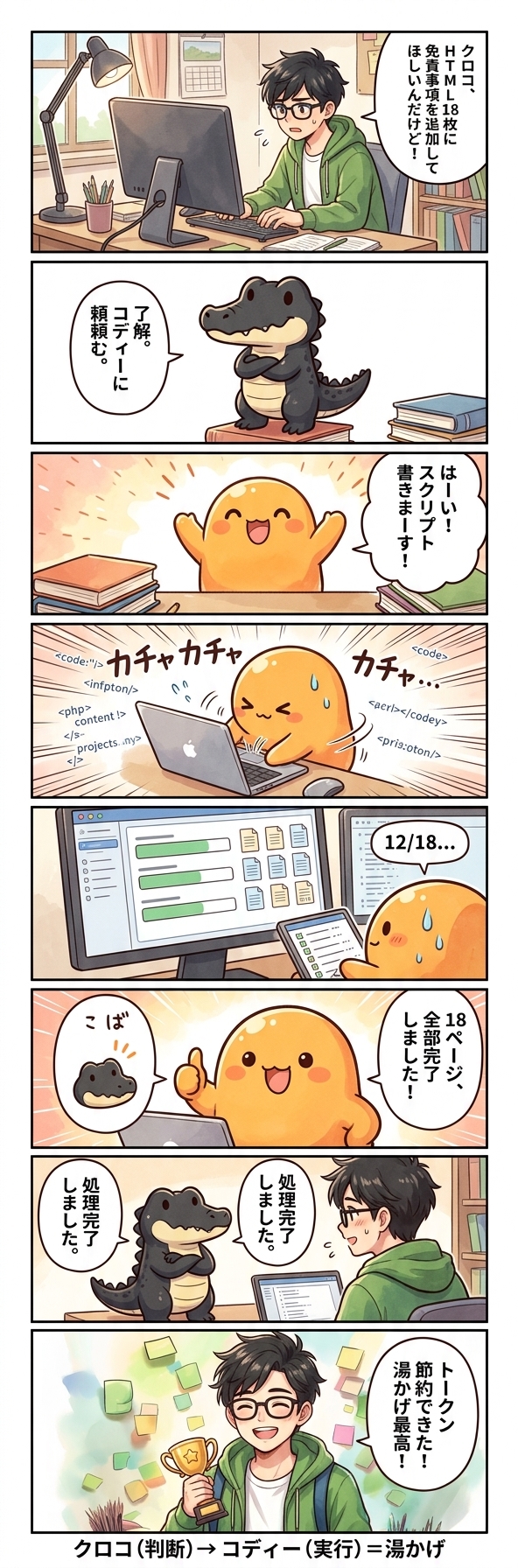 縦読み漫画8コマ。キリイモさんがクロコに「HTML18枚に免責事項を追加して！」と依頼。クロコが「コディーに頼む」と外注。コディーが「はーい！スクリプト書きまーす！」と元気よく作業開始。カチャカチャとタイピング中。「18ページ完了しました！」とクロコに報告。クロコがキリイモさんに「処理完了しました」と伝える。キリイモさんが「トークン節約できた！湯かげ最高！」とニッコリ。最後に3人でニコニコ「クロコ（判断）→コディー（実行）= 湯かげ」。