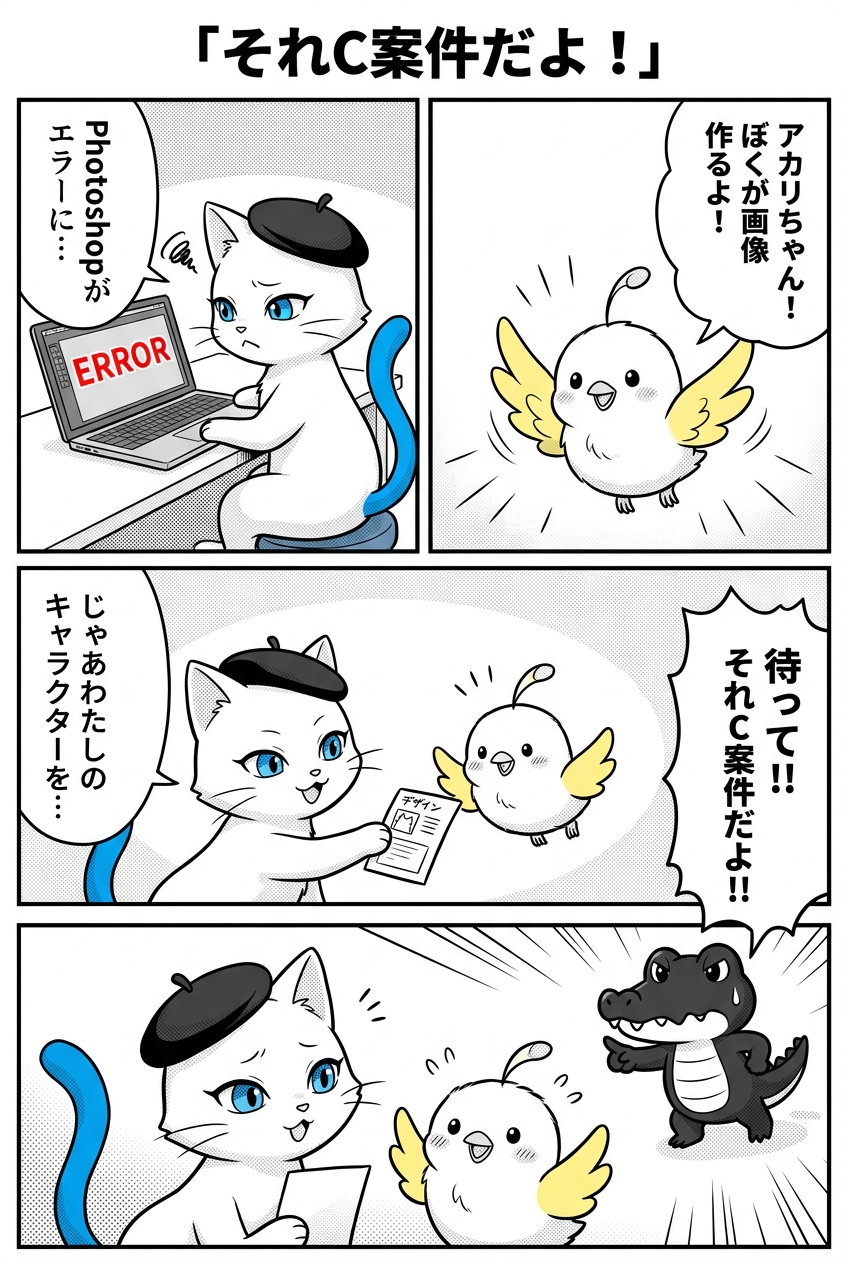 4コマ漫画。1コマ目：アカリのPhotoshopにERRORが表示される。2コマ目：コトリが「ぼくが画像作るよ！」と飛んでくる。3コマ目：アカリが「じゃあわたしのキャラを…」とコトリに渡そうとする。4コマ目：クロコが「待って！！それC案件だよ！！」と止める。