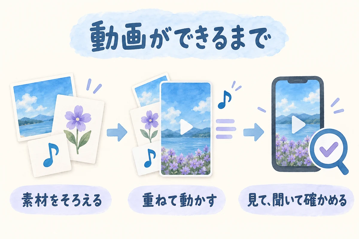 動画ができるまで。素材をそろえる、重ねて動かす、見て、聞いて確かめる