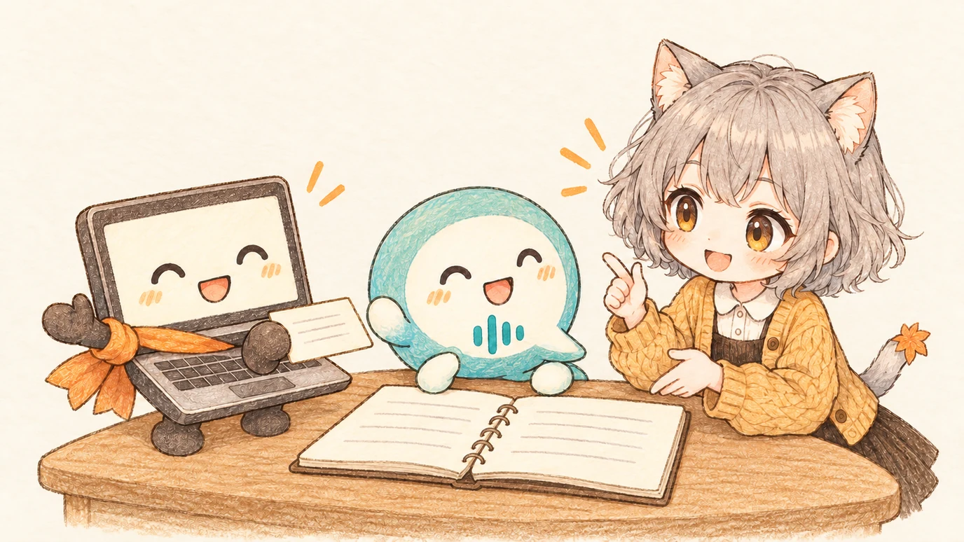連絡帳を囲むトト、クロコ、きりいものイラスト